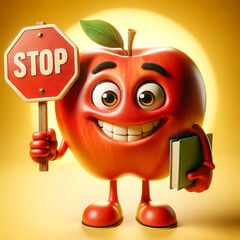 A cartoon 3D render of a funny Apple character's holding stop sign yellow background