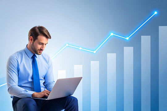 Handsome businessman using laptop with stock market graph on background. Success concept