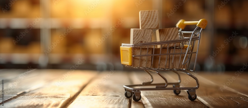 Poster miniature shopping cart with a stack of educational books for learning and studying at home concept