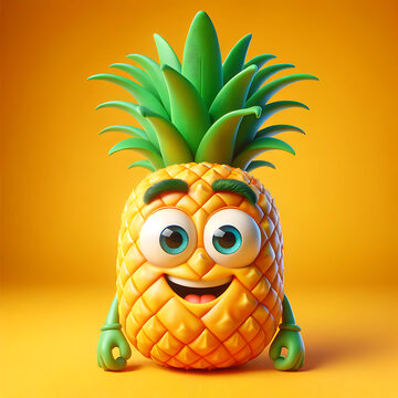 A cartoon 3D render of a humorous pineapple character looking directly at the camera set against a vibrant yellow background.