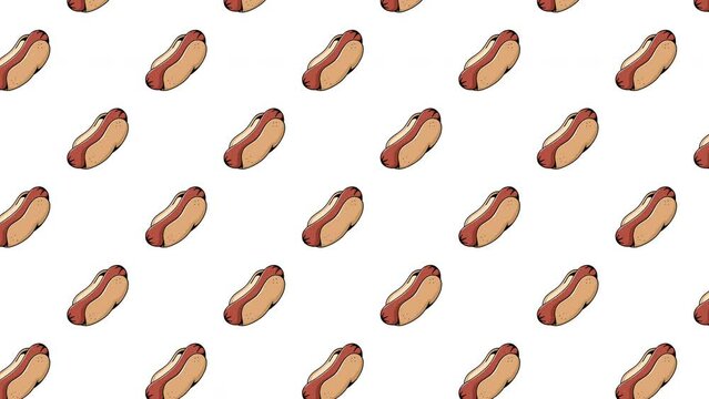 4k animated hotdog motion pattern on white background. Motion Wallpaper Banner or Card Template. Fast Food animated pattern design. Multiple uses.