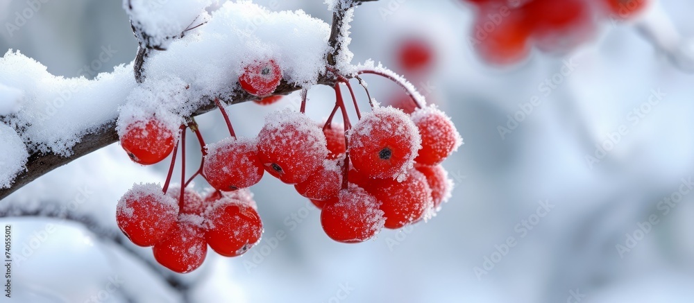 Poster a cluster of red berries on a twig, dusted with snow, hanging from a tree. the freezing temperatures