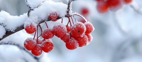 A cluster of red berries on a twig, dusted with snow, hanging from a tree. The freezing temperatures have coated this natural food with a beautiful wintry font