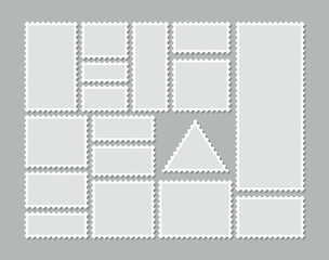 Postage perforated templates collection. Paper postmarks set. Post stamps isolated on background. Empty stamps. Postal shapes border. Blank frames for mail letter. Vector illustration. Flat design.