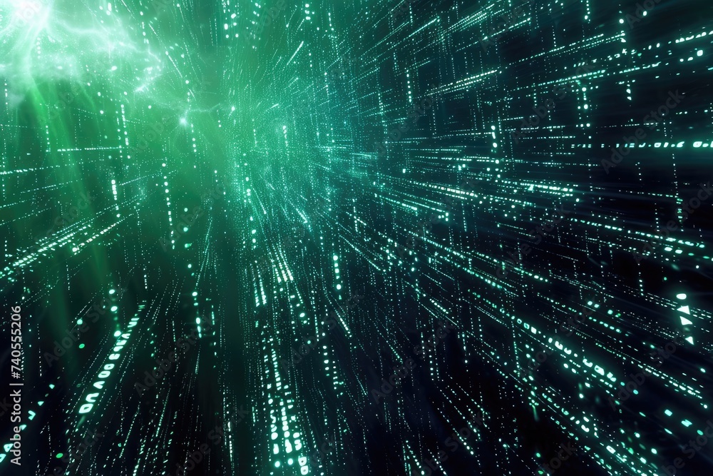 Poster an image featuring a richly colored green and black background adorned with a multitude of glowing l