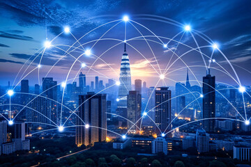 Fototapeta na wymiar Smart city wireless communication network and internet of things (IOT) concept.
