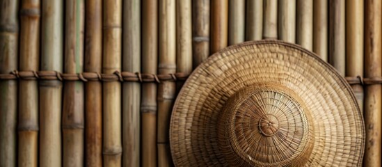 A straw hat rests on a wooden bamboo fence, creating a pattern of circles with the metal spiral...