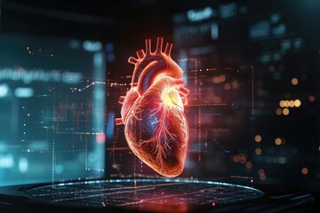 A computer screen displaying a heart icon, representing a symbol of love or affection, Digital twin hologram of human heart beating, AI Generated