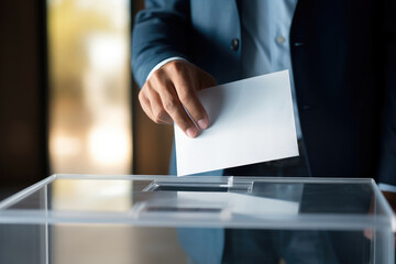 Man hand putting a ballot into a voting box