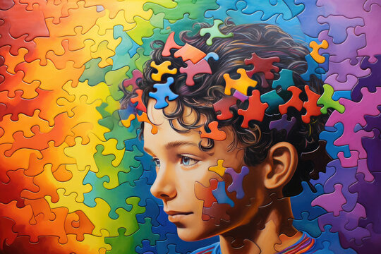 Little boy with colorful puzzle pieces in his hair