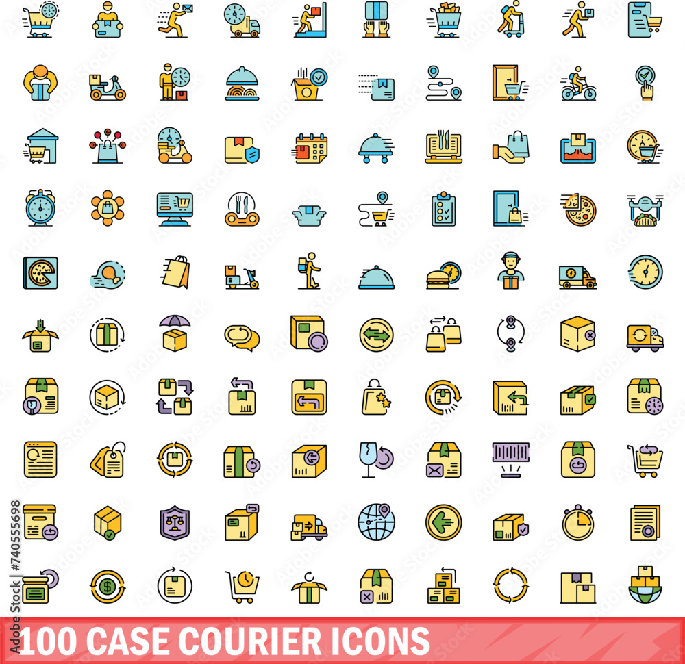 Poster 100 case courier icons set. color line set of case courier vector icons thin line color flat on whit