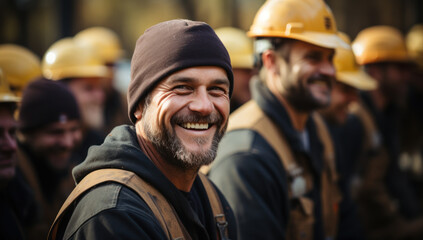 Smiling builders in work clothes and helmets on their heads look at the camera