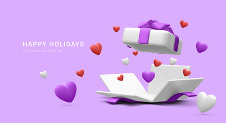 3d realistic open gift box with hearts isolated on light background. Vector illustration