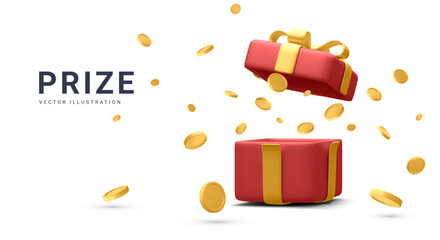 3d realistic open gift box and falling gold coins.  Concept for cryptocurrency bonus. You win prize. Vector illustration