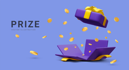 3d realistic open gift box and falling gold coins.  Concept for cryptocurrency bonus. You win prize. Vector illustration