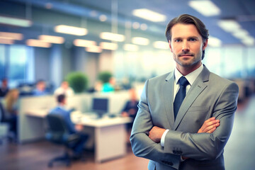 Fototapeta premium Portrait of a confident businessman standing with arms crossed in an office