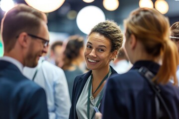 A diverse group of individuals standing together in a park, engaged in animated conversation and social interaction, Diverse team of professionals networking at a business convention, AI Generated