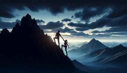 A wide panoramic image capturing a diverse group of people standing triumphantly at the peak of a mountain. This scene symbolizes the essence of teamwork