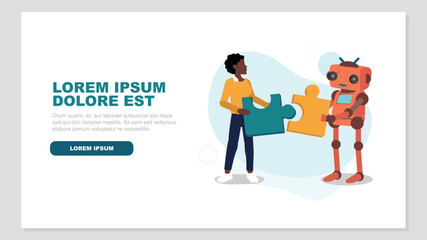 Ein Mensch und ein Roboter setzen ein Puzzle zusammen - Konzept der künstlichen Intelligenz