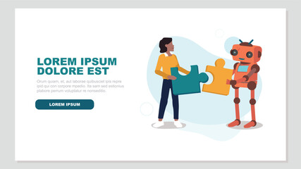 Ein Mensch und ein Roboter setzen ein Puzzle zusammen - Konzept der künstlichen Intelligenz