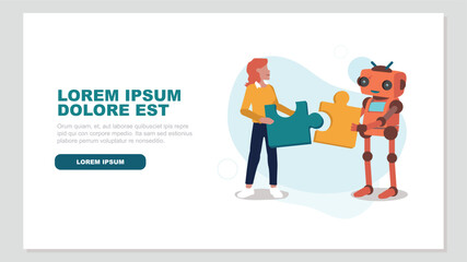 Ein Mensch und ein Roboter setzen ein Puzzle zusammen - Konzept der künstlichen Intelligenz