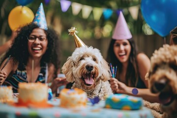 Several women are seated around a table, engaged in conversation, while a dog sits nearby, Dog owners and their pets celebrating at a dog birthday party, AI Generated