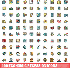 100 economic recession icons set. Color line set of economic recession vector icons thin line color flat on white