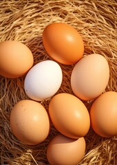 BIO fresh chicken eggs on green farm, food protein healthy food . Generative Ai.