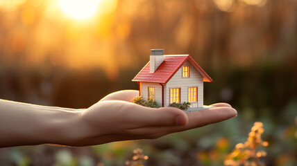 small house on womans hand blurred nature background at sunset