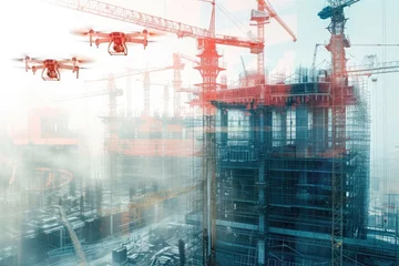 Fotobehang A photo capturing the ongoing construction of a building, showcasing a multitude of cranes at work, Double exposure of drones over a futuristic construction site, AI Generated © Iftikhar alam