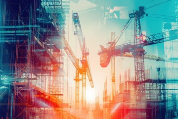 A cluster of construction cranes stands tall against a vivid sunset backdrop, Double exposure of engineering process and futuristic construction site, AI Generated - obrazy, fototapety, plakaty