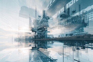 Fototapeta premium A Futuristic City With Tall Skyscrapers and Flying Vehicles, Double exposure of futuristic building construction and intricate designs, AI Generated