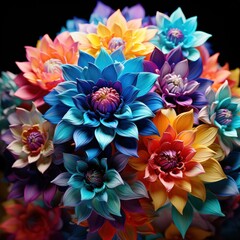 3D render of abstract cut paper flowers in rainbow colors