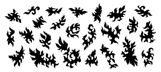 Set of silhouettes of leaves, botanical elements. Vector graphics. Collection of black silhouettes leaves. Vector elements isolated on white background. Tattoo art. Black and white illustration.