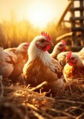 Healthy chicken animal on green farm during colorfu sunset, food protein healthy food.  Generative Ai.