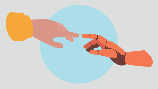 Der Zeigefinger einer menschlichen Hand ber&uuml;hrt die eines Roboters - Konzept der k&uuml;nstlichen Intelligenz
