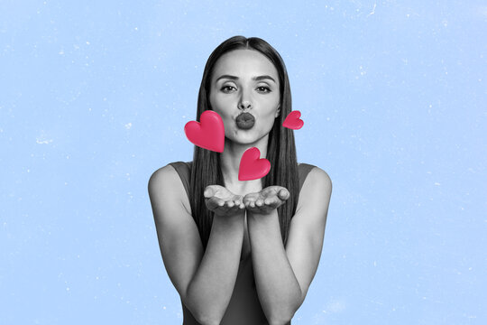 Composite creative art collage of charming beautiful young girl send air kisses heart sympathy love duckface isolated on painting background