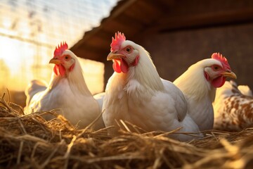 Fototapeta premium Healthy chicken animal on green farm during colorfu sunset, food protein healthy food. Generative Ai.