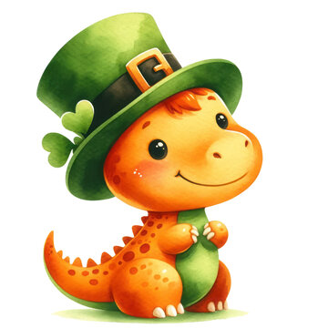 Funny Cartoon Dinosaur  Isolated on White Background with Green and Yellow Colors,  for st. patrick's day