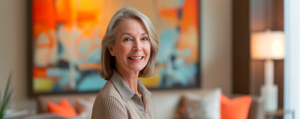Elegant Senior Businesswoman in Art Gallery. Smiling senior businesswoman with a colorful abstract painting in the background.