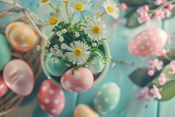 Obraz na płótnie Canvas Happy Easter Eggs Basket easter jasmine. Bunny hopping in flower Egg hunt decoration. Adorable hare 3d Charity events rabbit illustration. Holy week easter hunt easter porch decor card daffodil