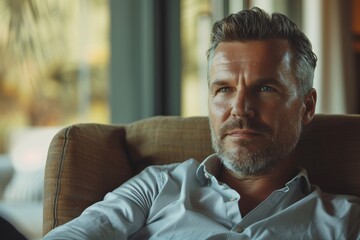 Naklejka premium Homme d'affaires cheveux gris yeux bleus sur un sofa » IA générative