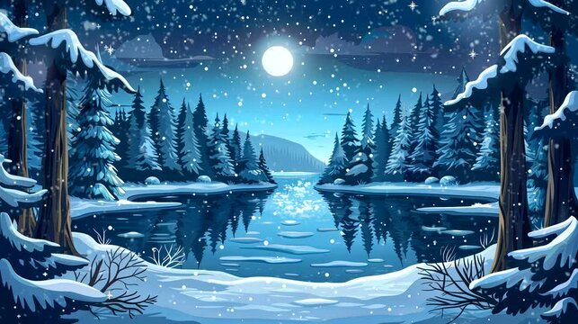 A serene winter lake surrounded by snow-covered trees at night. Fantasy landscape anime or cartoon style, seamless looping 4k time-lapse virtual video animation background