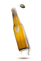 Bottle of beer jump and splash out foam, isolated on white background