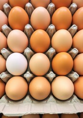 BIO fresh chicken eggs in paper box in supermarket, food protein healthy food. Generative Ai.