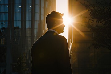 Vue de dos d'un homme d'affaires devant les immeubles au coucher du soleil » IA générative - obrazy, fototapety, plakaty