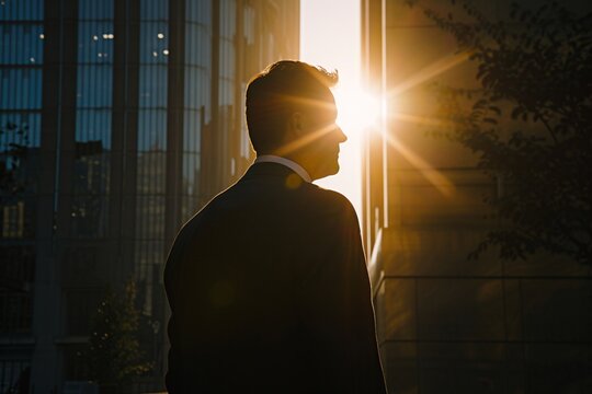 Vue de dos d'un homme d'affaires devant les immeubles au coucher du soleil » IA générative