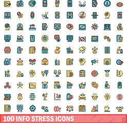 100 info stress icons set. Color line set of info stress vector icons thin line color flat on white