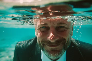 Fototapeten Gros plan d'un homme sous l'eau » IA générative © Maelgoa