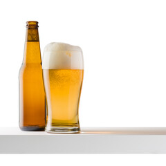 Glass of blonde beer with bottle on white shelf, isolated on white background.